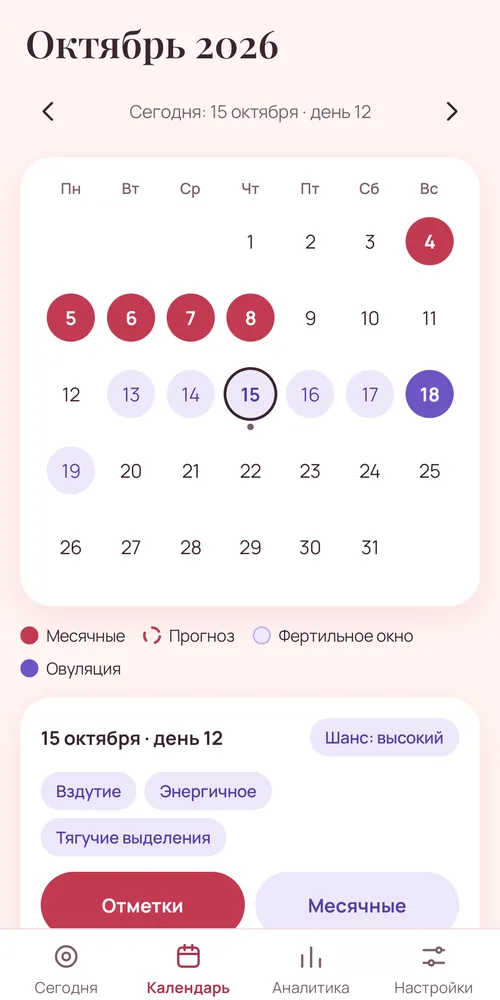 Olma calendar with period and fertile days