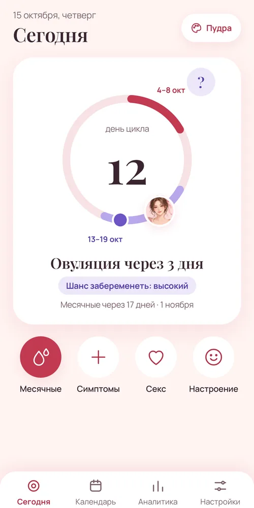 Olma Today screen with cycle day and period forecast